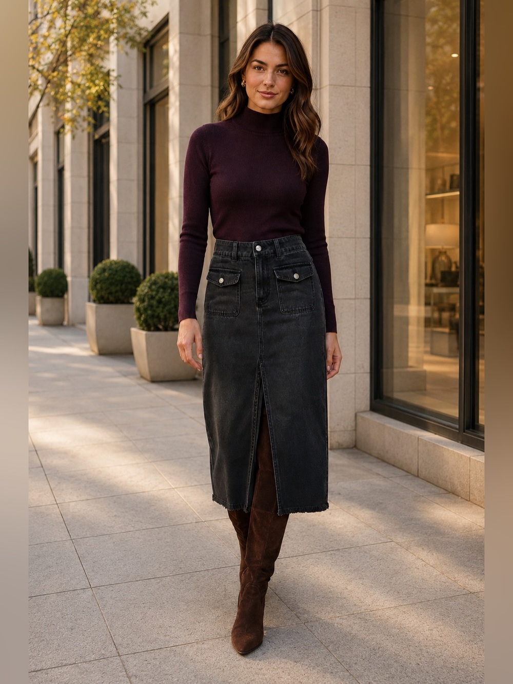 We The Free "Madison" Denim Midi Skirt Faded Black